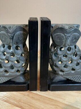Pair of Hand Carved Soapstone Owl Bookends Jali Style India Heavy Decorative 6”